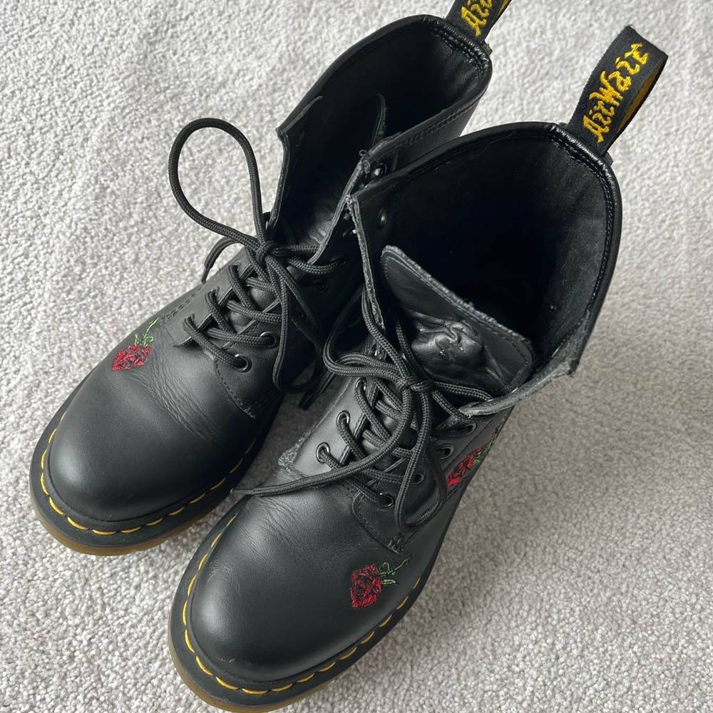 Dr. Martens Black Ankle Boots with Red Rose Embroidery - Picture 7 of 9